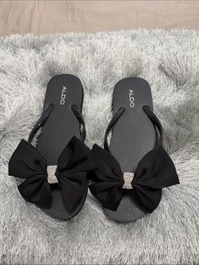 Aldo Black Bow Rhinestone-Accent Flip Flops